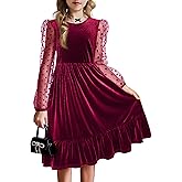 Arshiner Girls Dresses Contrast Mesh Velvet Long Sleeve A-Line Vintage Party Dress with Pockets