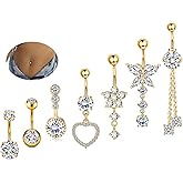 ShinyStyle J4You 7 Pcs Gold Belly Button Ring Dangle for Women Hypoallergenic Surgical Stainless Steel Dangling Belly Rings Butterfly Heart CZ Cute Long Belly Button Piercing Dangly Navel Piercings Pack Belly Piercing Jewelry
