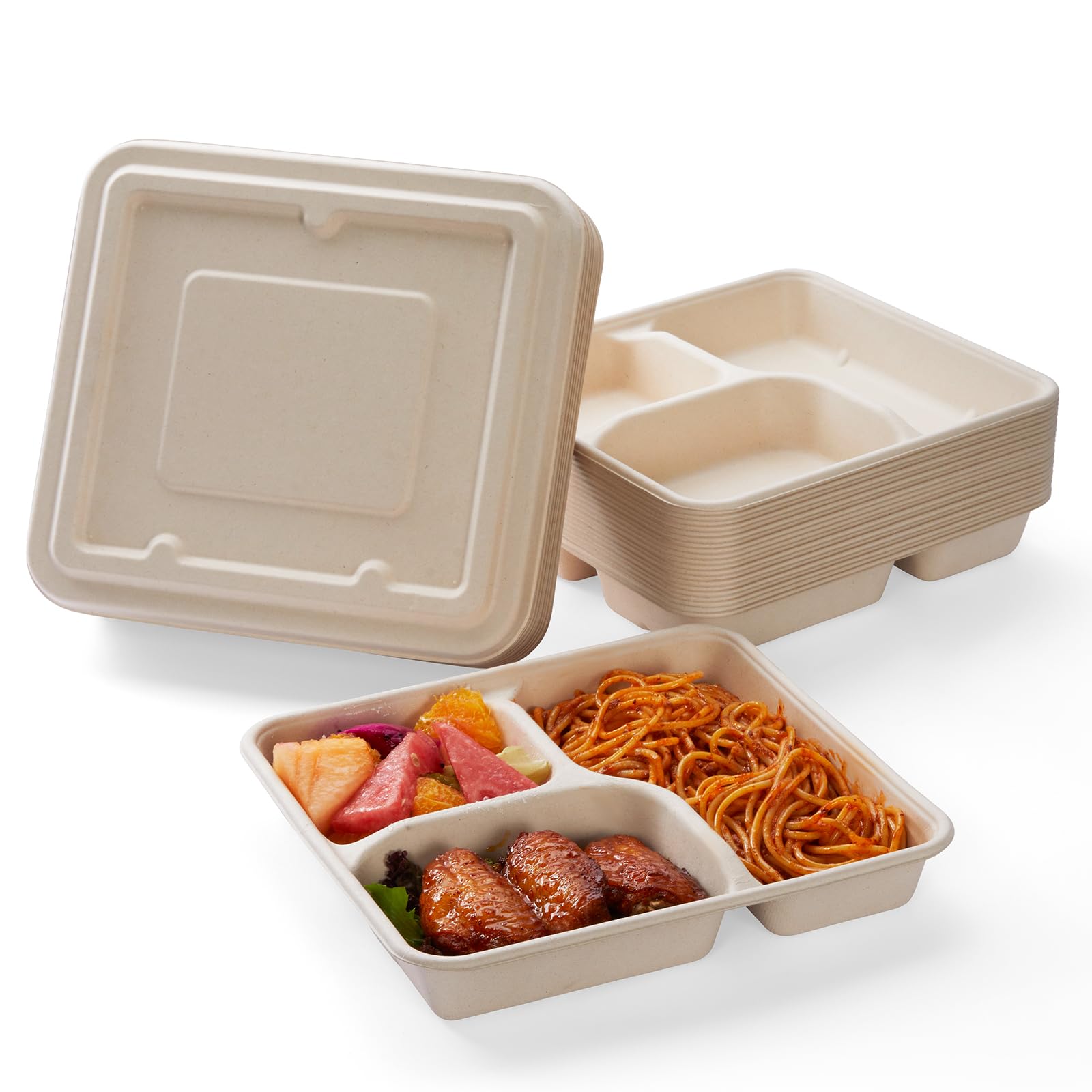 Photo 1 of [100% Eco-Friendly] 3 Part Compartment Disposable Food Containers with Lids - Sugarcane Pulp Take Out Boxes, Biodegradable, Compostable, Microwave Safe Lunch Containers - Pack of 50 (Large)