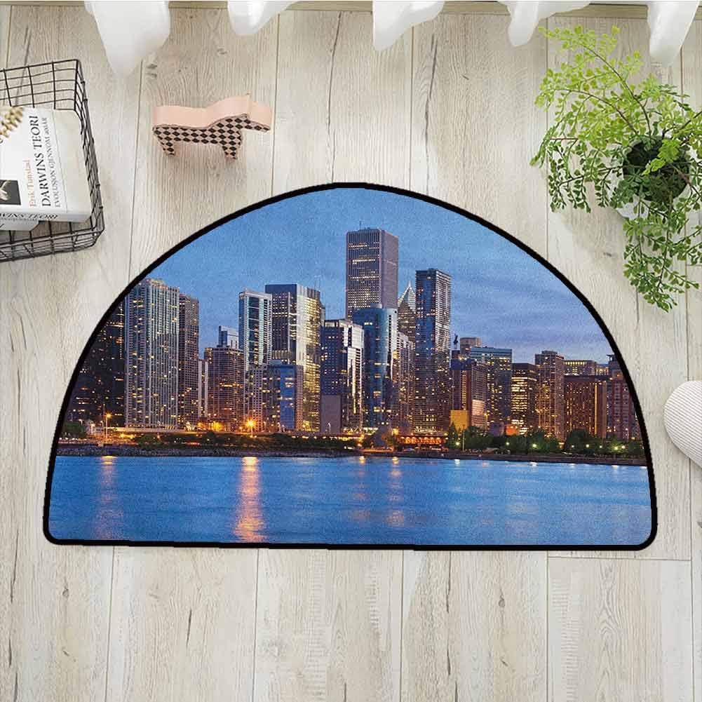 Chicago Skyline Children Playroom rug, Sunset in Big City with Dramatic Sky Skyscrapers Evening by Lake, Semi-Circular Indoor and Outdoor Non-Slip Carpets, W35.5 x R19.7 Inches Blue Orange Taupe