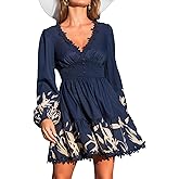 CUPSHE Women Fall Dresses Plunging V Neck Lace Trim Puff Long Sleeve Elastic Smocked Mini Dress