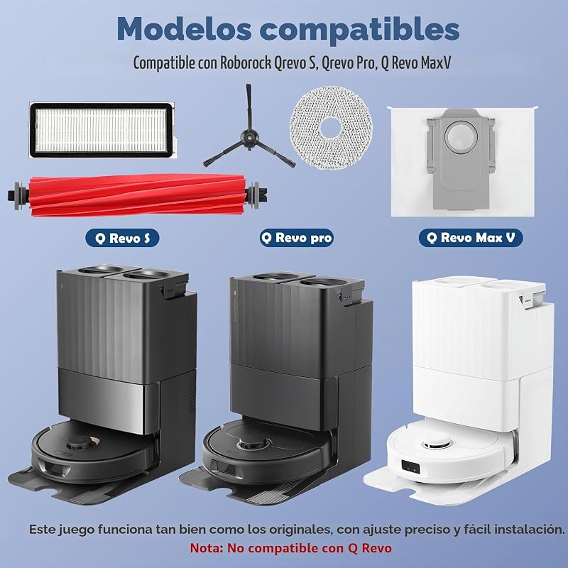 Accesorios para Roborock Qrevo Pro,Qrevo S Aspiradora,1 Cepillo Principal,2 Filtros HEPA,6 Bolsas para el Polvo,4 Toallitas,4 Cepillos Laterales (Negro),1 Cepillo,1 Destornillador — foto 2 de 8