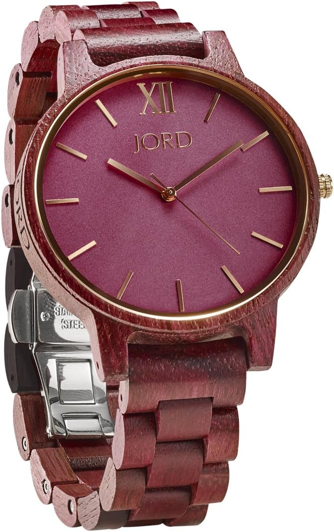 JORD Wooden Wrist Watches for Men or Women - Frankie Minimalist Series/Wood Watch Band/Wood Bezel/Analog Quartz Movement - Includes Watch Box (Purpleheart & Plum)