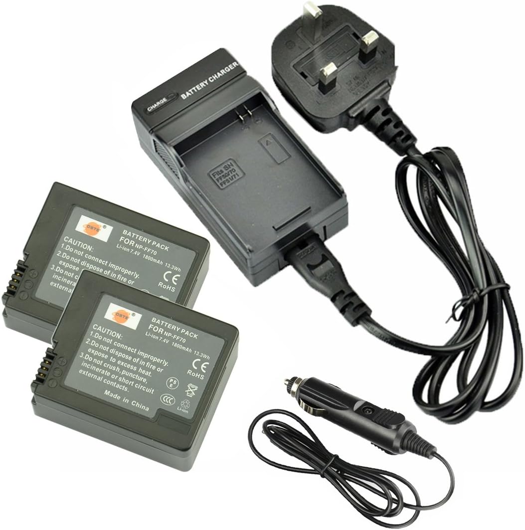 DSTE 2x NP-FF70 Replacement Li-ion Battery + Travel Charger DC07U Compatible for Sony DCR-HC1000 DCR-HC1000E DCR-IP1 DCR-IP1E DCR-IP1K DCR-IP200K DCR-IP210E DCR-IP220