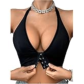 SOLY HUX Bras for Women Front Closure Halter Wireless Bra V Neck Ribbed Knit Bralette