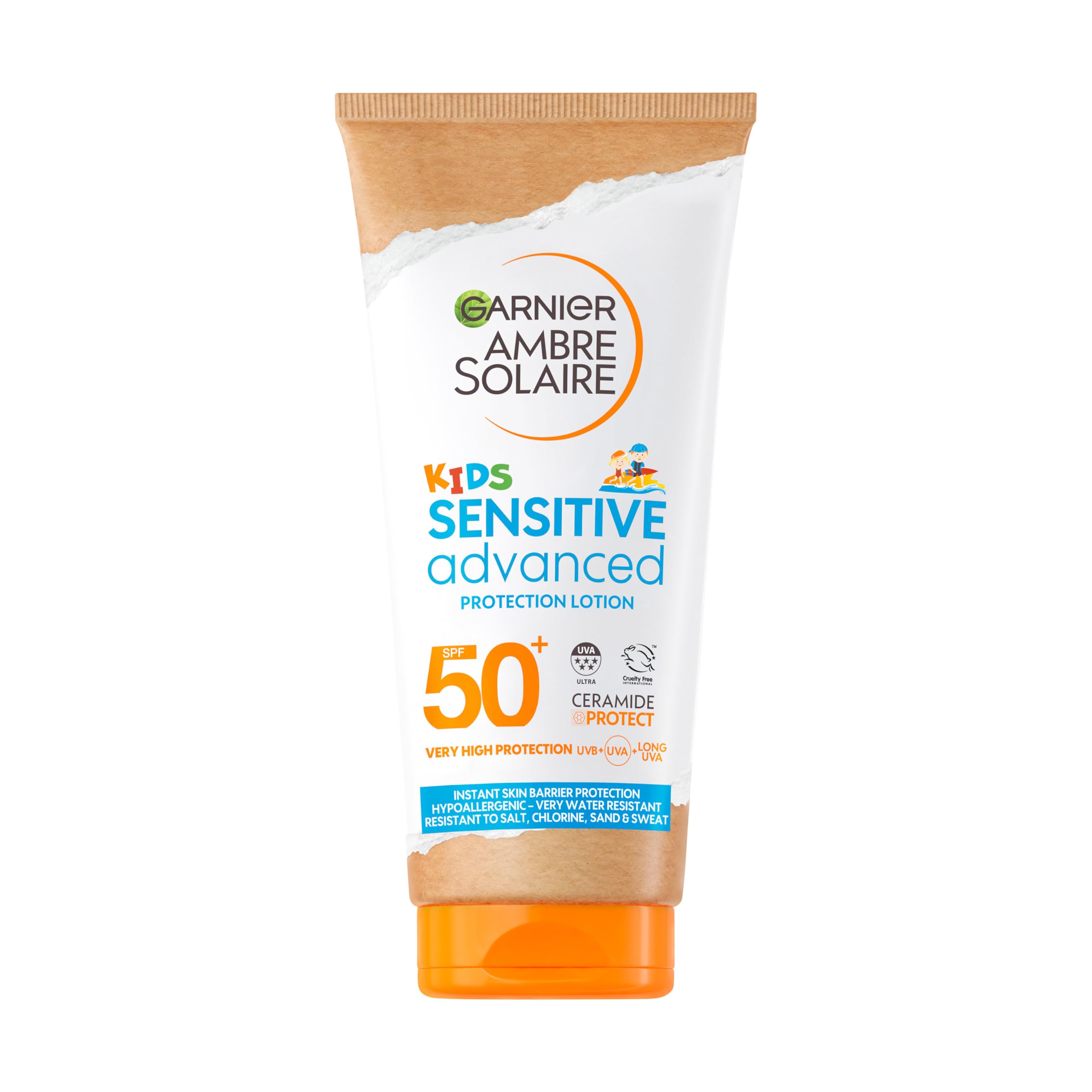 Garnier Ambre Solaire Kids Sun Cream SPF 50+ Sensitive Advanced 175ml, For Face & Body, High UVA UVB Protection, Non-Sticky, Water-Resistant, Sand & Sweat, Hypoallergenic, Fragrance-Free Lotion
