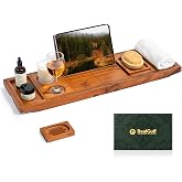RealGulf Teak Bathtub Tray Caddy, Adjustable Wood Bath Organizer | Natural Teak Wood Finish, Built-In Wine Holder, Tablet &amp; Book Stand, Water-Resistant Seal, Fits Most Tubs