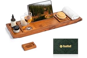 Expandable Teak Bathtub Tray, Bath Caddy with Wine Glass Holder, Phone Dock & Book Stand | Hands-Free Reading & Ultimate Spa 