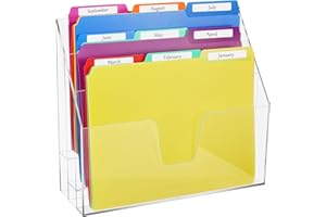 Estune Acrylic File Holder Organizer 3 Sections with Folders Letter Size and Labels Horizontal Triple File Folder Organizer Vertical Clear File Box Paper Organizer for Office Desk