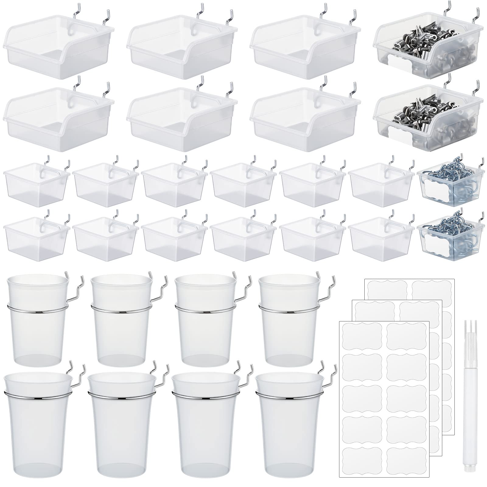Photo 1 of 64 Pieces Pegboard Bins Pegboard Cups with Hooks and Loops Peg Hooks Assortment Organizer Accessory for Organizing Accessories Tools Storage Office Workshop Garage Workbench (Transparent)