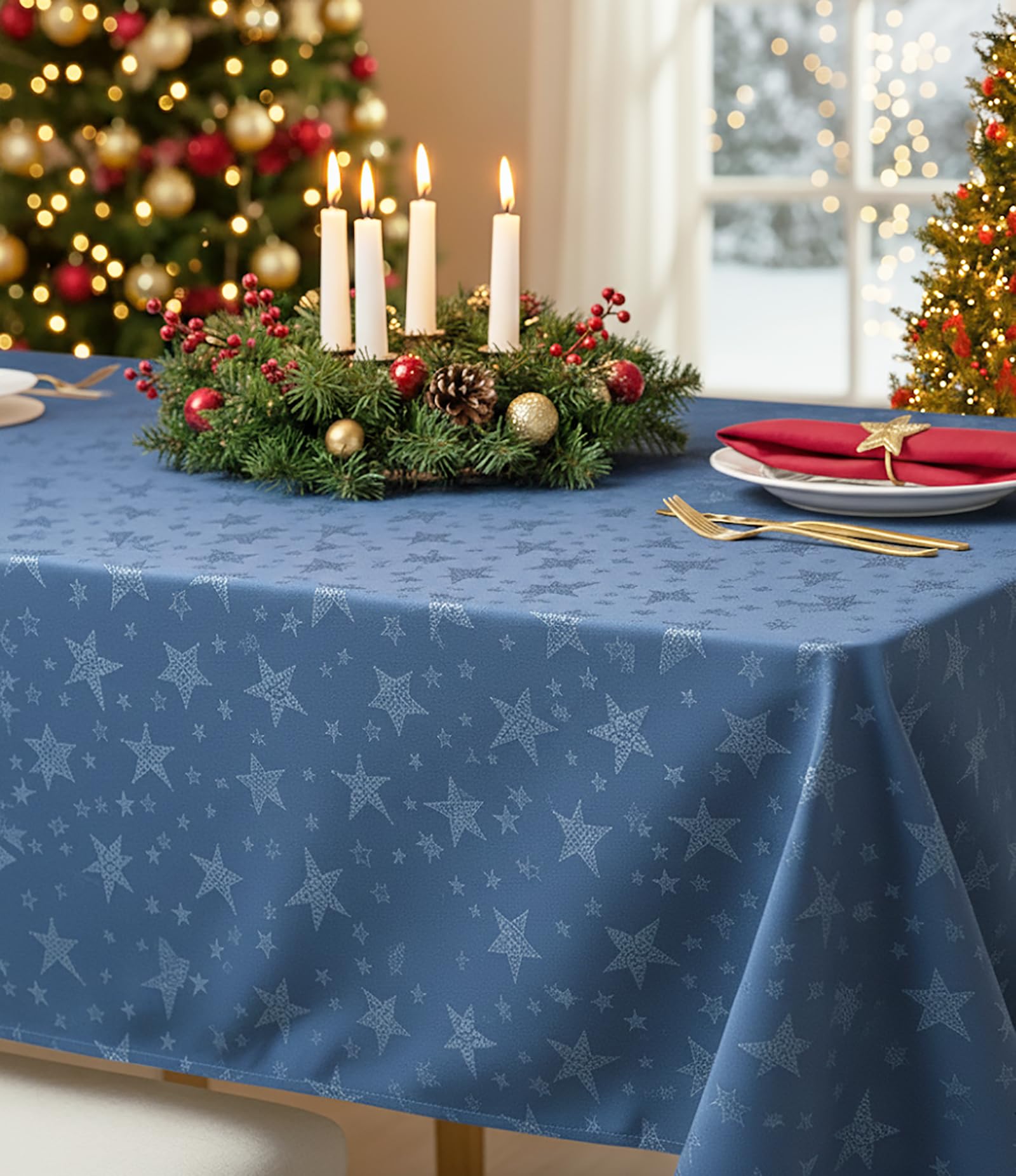 Elegant Christmas Lotus Effect Table Cloth, "Magic Stars" - Champagne / Cream with Stars Motif, 85 x 85 cm – Stylish and Elegant – with Stain Guard – Liquids Just Roll Off – A Decoration for Any Table – from Kamaca-Shop, Polyester, red, Tischdecke 150x250 cm