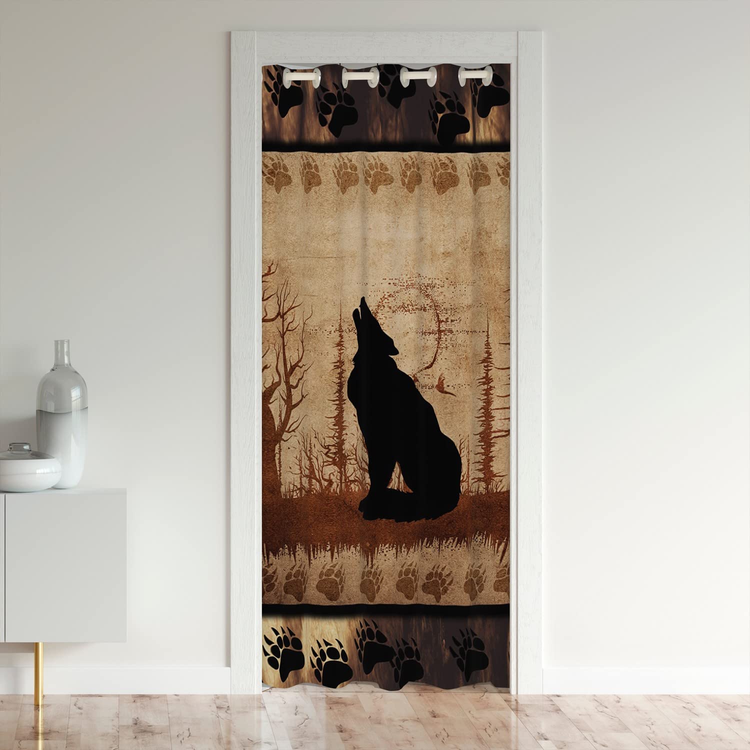 Cute Wolf Door Curtain for Doorway Privacy 106x203cm Girls Boys Wolves Howling Room Curtain Room Animal Wolves Tree Pattern Closet Door Cover Curtain Exotic Style Brown Black Window Treatments