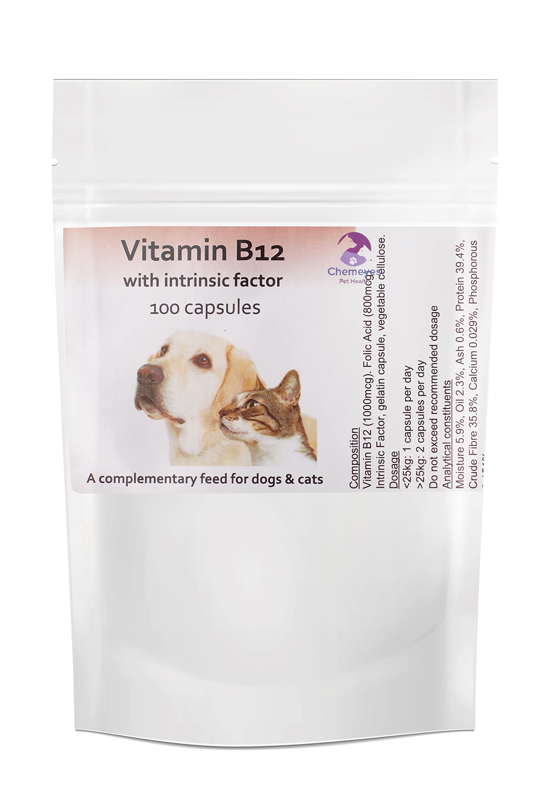 Vitamin B12 with Intrinsic Factor & Folic Acid by Chemeyes - Capsule Supplement for Dogs & Cats - Great Alternative to Vitamin B12 Injections - 1 Capsule Per 25kg Body Weight Per Day (100 Capsules)