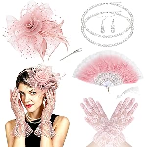 Mototo 6 Set Fascinator Hats for Women Tea Party Gloves Set Include Mesh Hats Lace Gloves Pearl Necklace Earring for Women