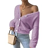 Pink Queen Women's Furry Cropped Cardigan Batwing Sleeves Open Front V-Neck Button Down Loose Casual Knit Sweater Coat