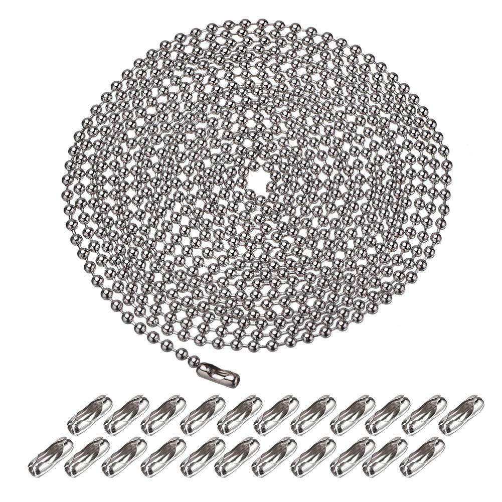 16.4 Feet Ball Bead Chain, Metal Beaded Pull Chain Extension with Connector Ball Chain Keychain Beaded Roller Chain with 20 Matching Connectors (3.2 mm, Silver）