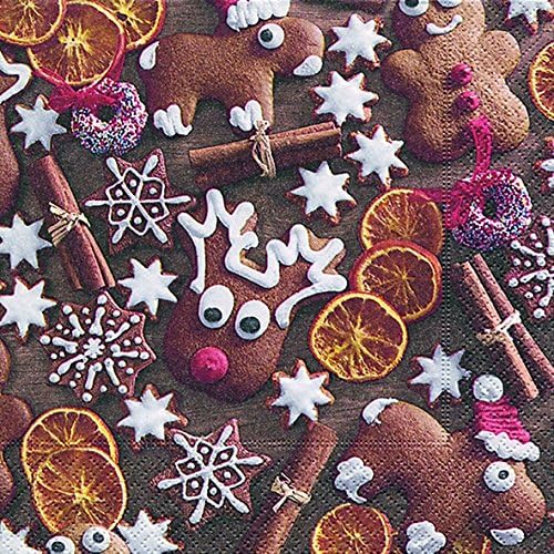 Cocktail Napkins Serviett 25 x 25 cm (Gingerbread Cookies Gingerbread Cookies Stars Christmas Winter Snow Animals Forest Snowman Merry Christmas