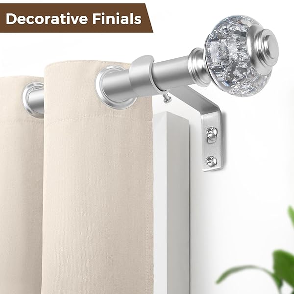1 INCH CURTAIN RODS 36 TO 72 INCHES(3 TO 6 FT) TELESCOPING SINGLE DRAPERY ROD, USFOOK SILVER CURTAIN RODS FOR WINDOWS 24 TO 68 INCHES WITH TRANSLUCENT FINIALS