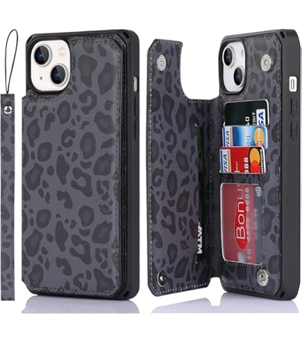 MOWIME IPhone 14 Hülle Mit Kartenfach – Leopardenmuster, Stoßfest, TPU, Für 6,1 Zoll, Inkl. Displayschutzfolie