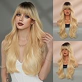 7JHH WIGS Long Wavy Blonde Wig with Bangs 28inch Platinum with Dark Roots Heat Resistant Fiber Layered Synthetic White Blonde Wig for Cosplay Christmas Gifts Party Used
