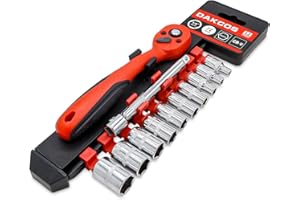 DAKCOS 1/4" Drive Ratchet Socket Wrench Set, 72 Teeth Socket Set with Quick Release Reversible Ratchet Handle and 4inch(100mm