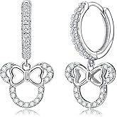 Mouse Hoop Earrings Sterling Silver CZ Hollow Mouse Bow Dangle Huggie Earrings Shinny Delicate Earrings Dainty Minimalist Cartoon Lovely Jewelry Gifts for Women Wife Girlfriend Birthday Wedding