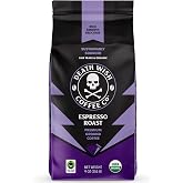 Death Wish Coffee Organic Espresso Roast Ground Coffee, Fair Trade, 9 oz | Arabica &amp; Robusta Blend, Baker's Chocolate &amp; Black Cherry Notes, Low Acidity, Full-Bodied &amp; Smooth, Drip or Espresso