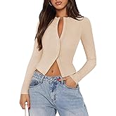 Pungdra Womens Ribbed Button Down Long Sleeve Top Knit Button Up Fitted Cardigans Cropped Cute Fall Going Out Tops for Women