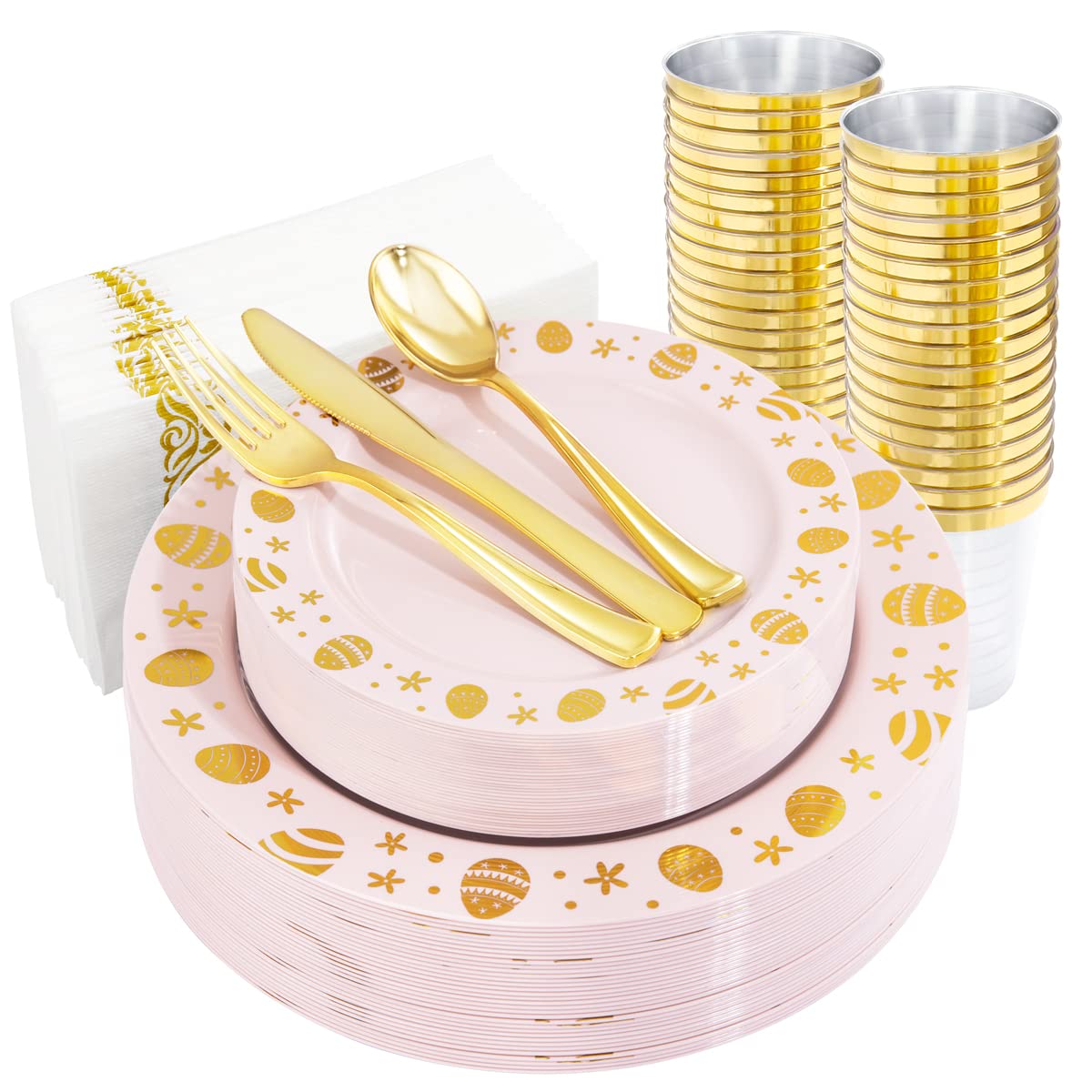 U-QE 25 Guests Plastic Easter Plates and Napkins - Pink and Gold Easter Party Supplies Include 25 Guests Dinner and Dessert Plates, 25Forks, 25Knives, 25Spoons, 25Cups, 25Napkins-Features of Gold Egg Image