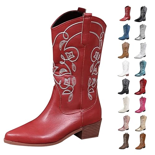 Cowboy Boots For Women Ladies Cowgirl Cowboy Boots Block Heel Pu Leather Mid Wide Calf Country Riding Western Wedding Shoes Beautiful Embroidered Stitching Winter Boot Cosy Warm Western Boot