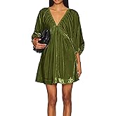 R.Vivimos Womens Fall Velvet Tunic Dress 2026 Trendy Sexy Deep V Neck 3/4 Sleeve Elastic Waist Loose Mini Dress with Pockets