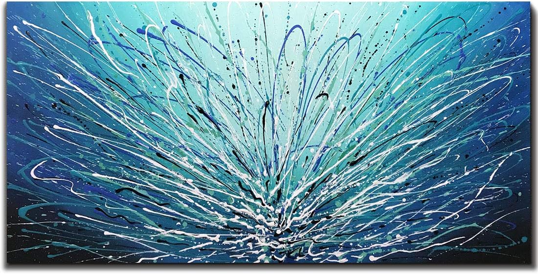Tiancheng Art, 24 X 48 Inch Modern Abstract Art Wooden Frame Canvas Acrylic Oil Painting Hand-Painted Blue Wall Art Living room and bedroom Decorative Ready to Hang