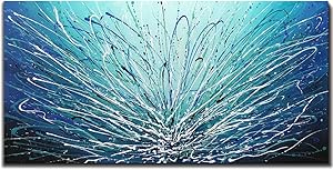 Tiancheng Art, 24 X 48 Inch Modern Abstract Art Wooden Frame Canvas Acrylic Oil Painting Hand-Painted Blue Wall Art Living room and bedroom Decorative Ready to Hang