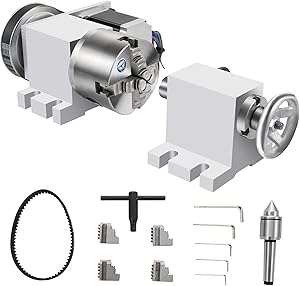 VEVOR 100mm 4-Jaw Chuck Dividing Head 4th Axis Home CNC Milling Machine Rotational Axis with Tailstock Rotary Axis Phase 2 Rotary Table Reducing Ratio 4:1 for Engraving Machine w/Tool Accessories
