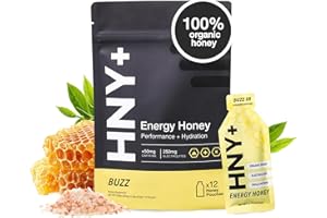 HNY+ Buzz Organic Honey Energy Gel with Electrolytes, Magnesium, Sea Salt, Potassium & Green Tea Caffeine, Gluten Free & Vegan, Workout Gels, for Gym, Running & Hiking, 50mg Caffeine, 12 Pack