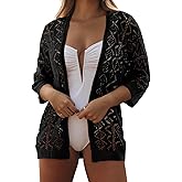 SHEWIN Women Summer 3/4 Sleeve Crochet Coverup Open Front Beach Cover Ups 2026