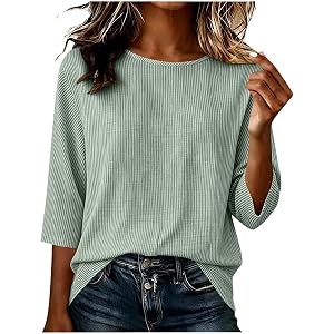 Womens Summer Faux Cotton Linen Shirts Striped Crew Neck Tops 3/4 Sleeve Loose Fit Blouses Color Block Gauze Tees