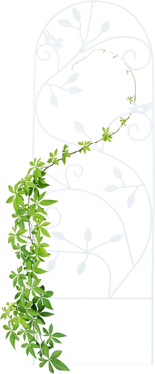 Relaxdays Bird Trellis, Metal Garden Lattice, Climbing Aid for Plants 120 x 40 cm, Vine Design, White, 120 x 40 x 0.5 cm