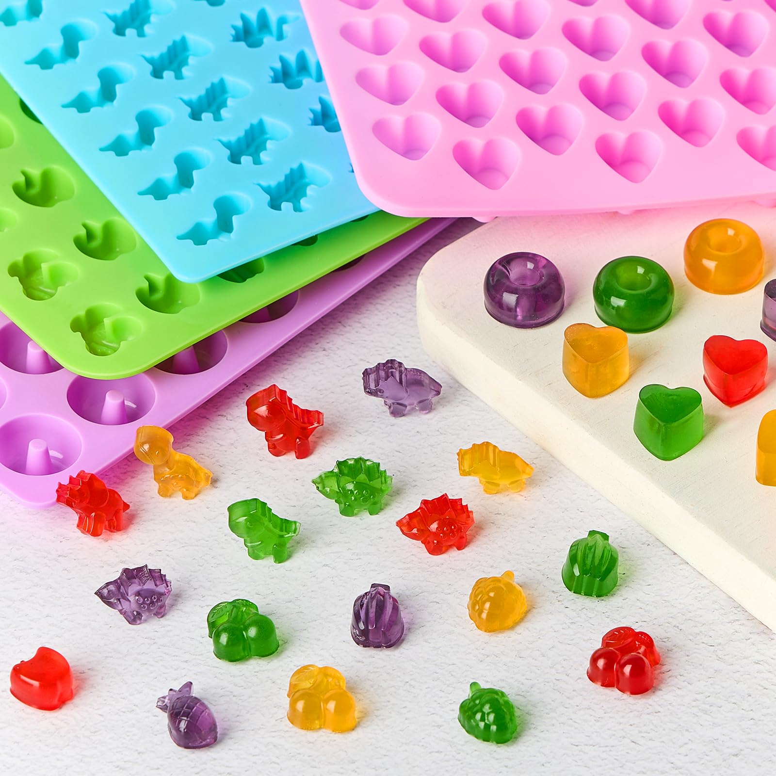 5 Pcs Mini Gummy Candy Molds with 2 Dropper, Silicone Bear Donut Dinosaur Fruit Snack Molds Non-stick and BPA Free Jello Candy Mold for Small Chocolate Gummies