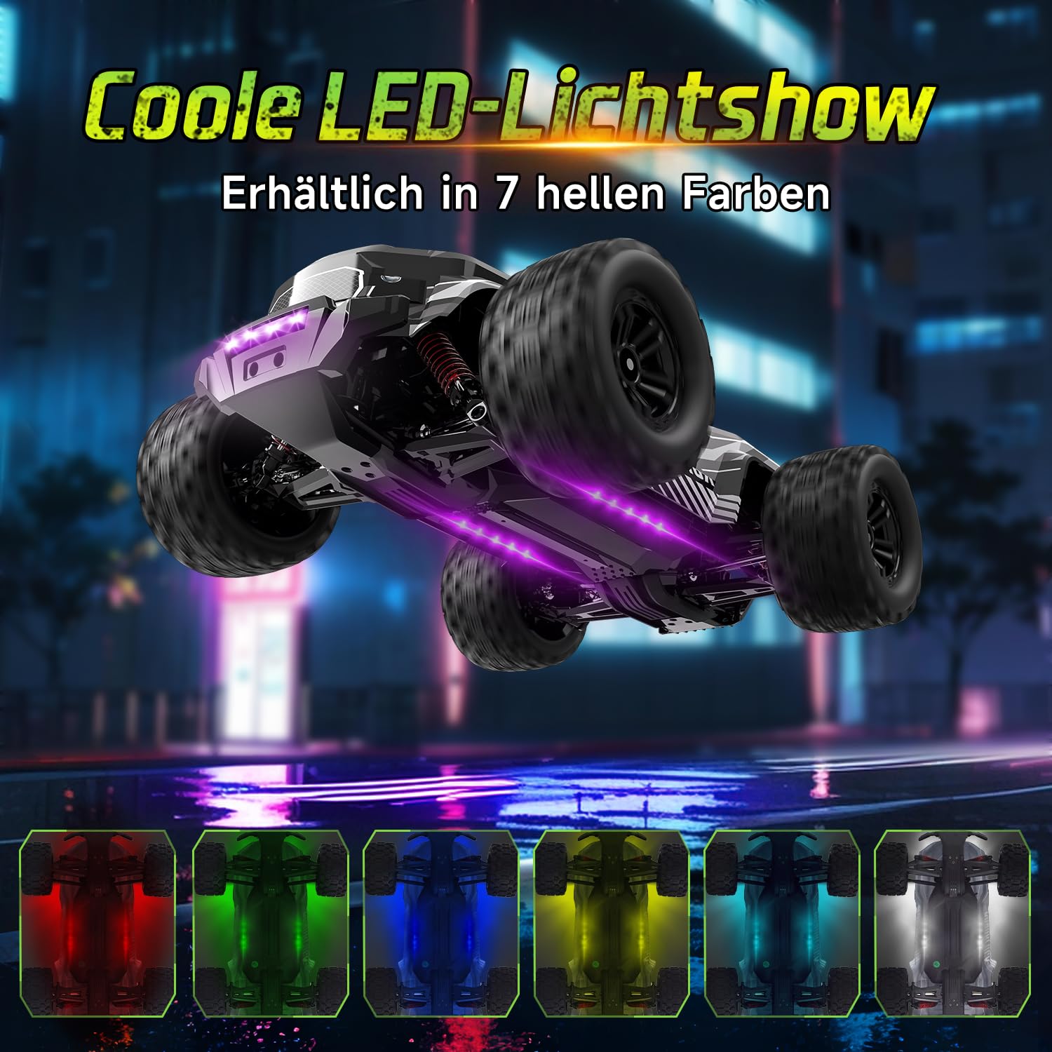 Ferngesteuertes Auto, 1/14 RC Auto mit 7 Farben Lichtern, 40KM/H Monstertruck Rc Truck, 2.4GHz Rc Auto Offroad mit Zwei Batterien, 4WD Wasserdichter RTR All Terrain, Rc Buggy für Kinder Erwachsene 2