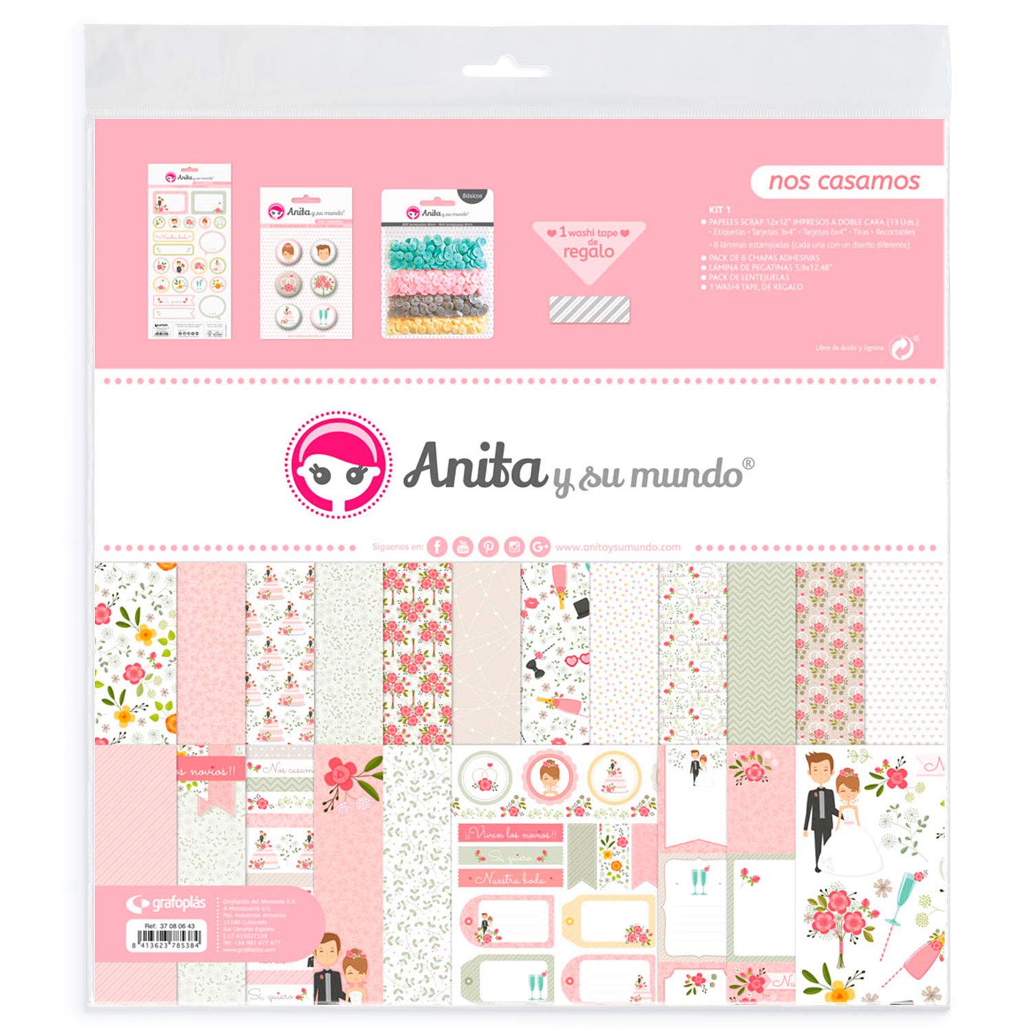 Anita and Su Mundo Collection We Marry Kit Scrapbooking, 13 Printed Papers, Stickers, Plates, Sequins, Pastel, Washi Tape, Paper, Multicoloured, 12 x 12 Inches