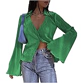 LYANER Women's Deep V Neck Button Front Bell Long Sleeve Blouse Shirt Top
