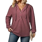 VISLILY Womens-Plus-Size-Hoodies Button V Neck Lightweight Knit Sweaters Casual Long Sleeve Tops Drawstring Hooded Sweatshirt