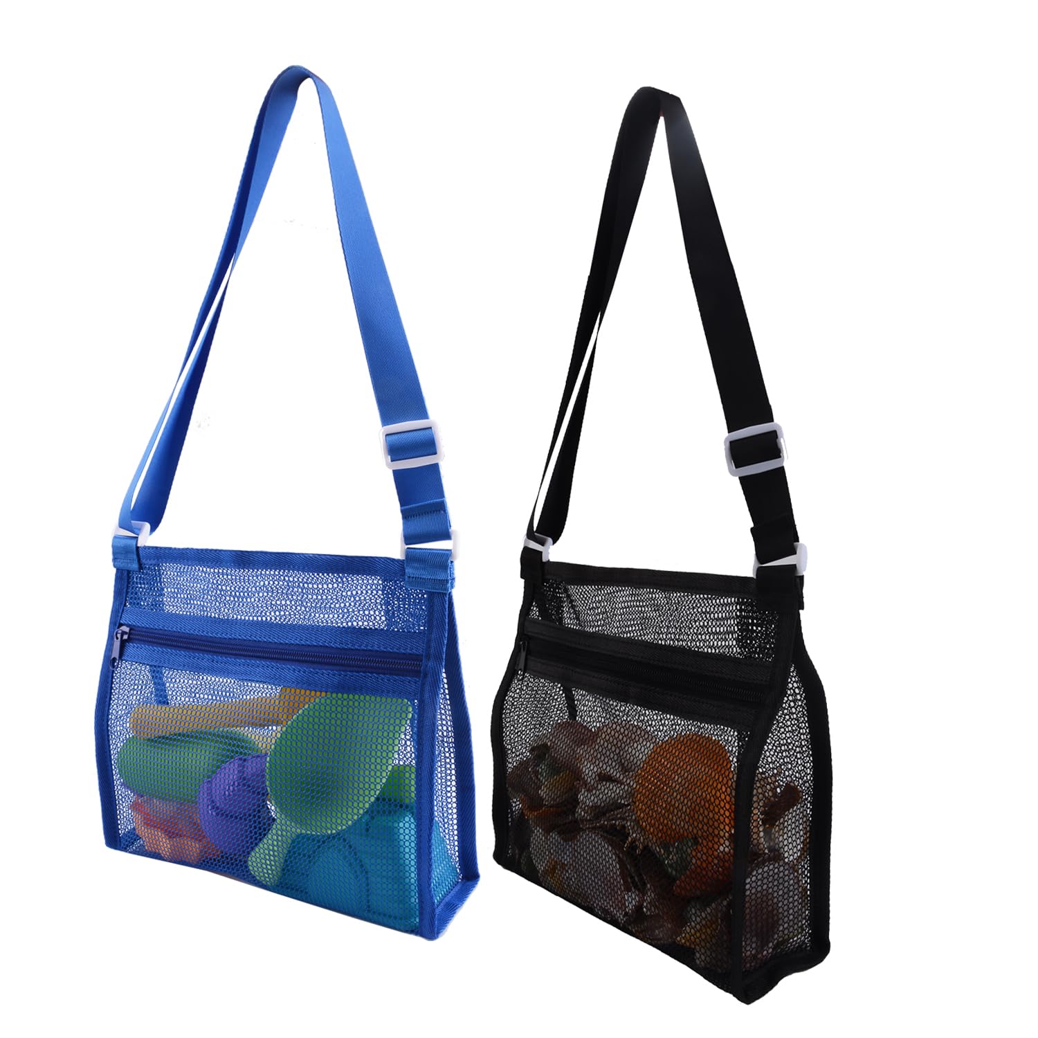 MUYIZI Mesh Beach Bag for Shells Collecting 2 Pack,Shell Bags for Beach,Sea Shell Bags for Picking Up Shells,Beach Shell Bag for Kids, Beach Toys Sand Toy Swimming Accessories (Black+Jewelry Blue)