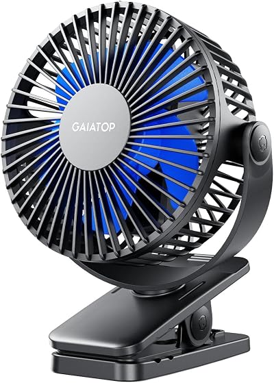 GAIATOP Portable Clip Fan 2000mAh Battery USB Desk Clip On 3 Speed