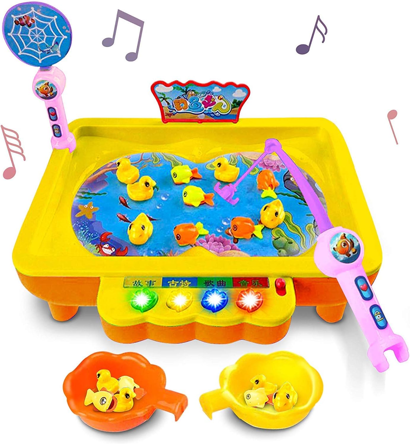 MWG Exports Co Magnetic Fishing Game for Kids with Music & Light for Children Learn to Fish STEM Toys - Pack of 10 Fish/ Ducks + 2 Catching Rods for Boys and Girls,Plastic,Yellow