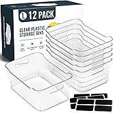 12 PACK Multi-Use Clear Plastic Storage Bins for Organizing w/Labels - Home, Kitchen, Pantry, Bathroom, Office, Cabinet Shelf Organizer Bins - SOHO Collection, RV, Fridge Organization Containers - L