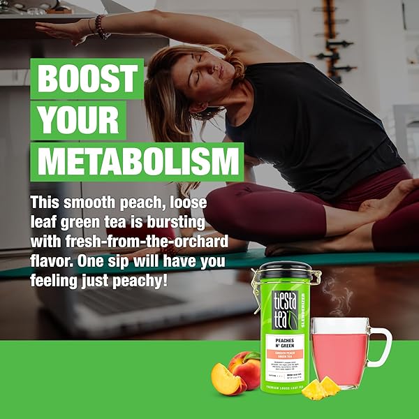 TIESTA TEA – PEACHES N’ GREEN, LOOSE LEAF, SMOOTH PEACH GREEN TEA, PREMIUM BLEND, MEDIUM CAFFEINATED, MAKE HOT OR ICED & BREWS UP TO 50 CUPS, 5 OUNCE REFILLABLE TIN