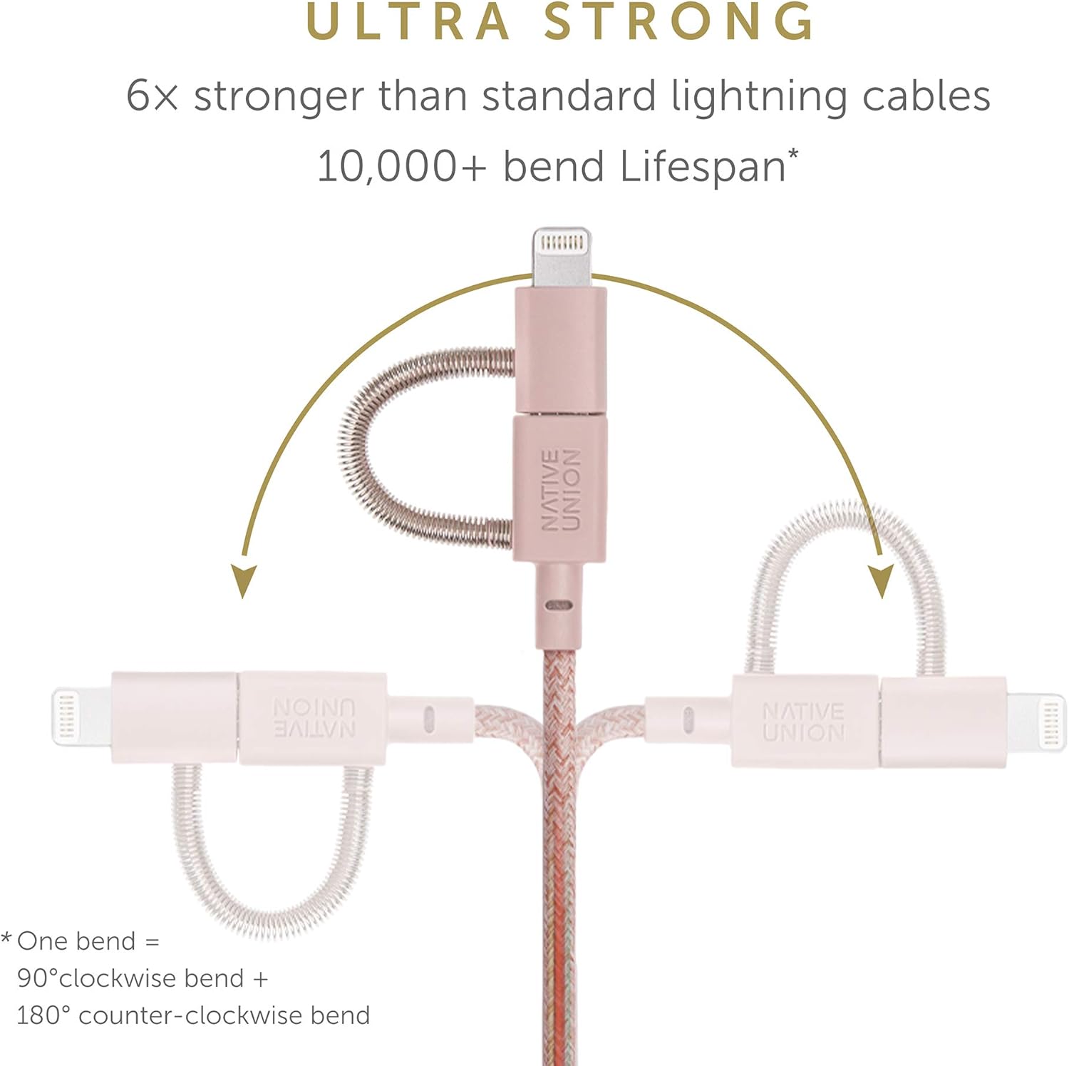 Native Union Belt Cable Universal - 6.5ft Ultra-Strong Reinforced [Apple MFi Certified] Durable Charging Cable with 3-in-1 Adaptor for Lightning, USB-C and Micro-USB Devices (Rose)