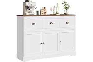 Keyluv White Buffet Cabinet Storage Kitchen Sideboard Farmhouse Buffet Server Bar Wine Cabinet with 3 Drawers & 3 Doors Adjustable Shelves Console Table for Dining Living Room Cupboard